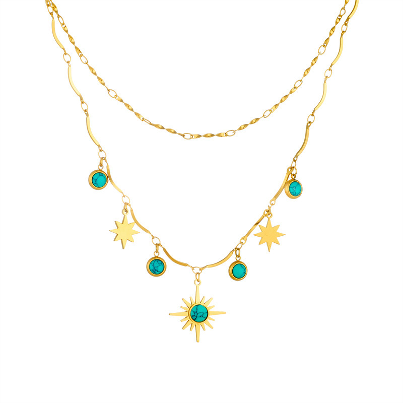 Retro-style turquoise star necklace, versatile, double-layered, unique design, stainless steel jewelry for women.