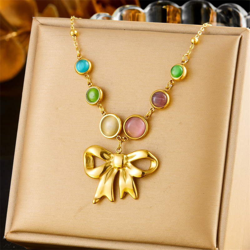 Korean style fashion cross-border new colorful gemstone accessories gold-plated bow angel chain stainless steel jewelry necklace
