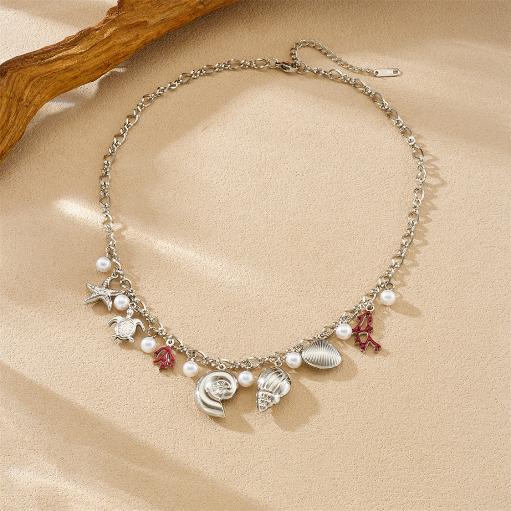 Cross-border fashion niche design gold-plated starfish, conch, coral dripping oil pendant stainless steel chain personalized necklace