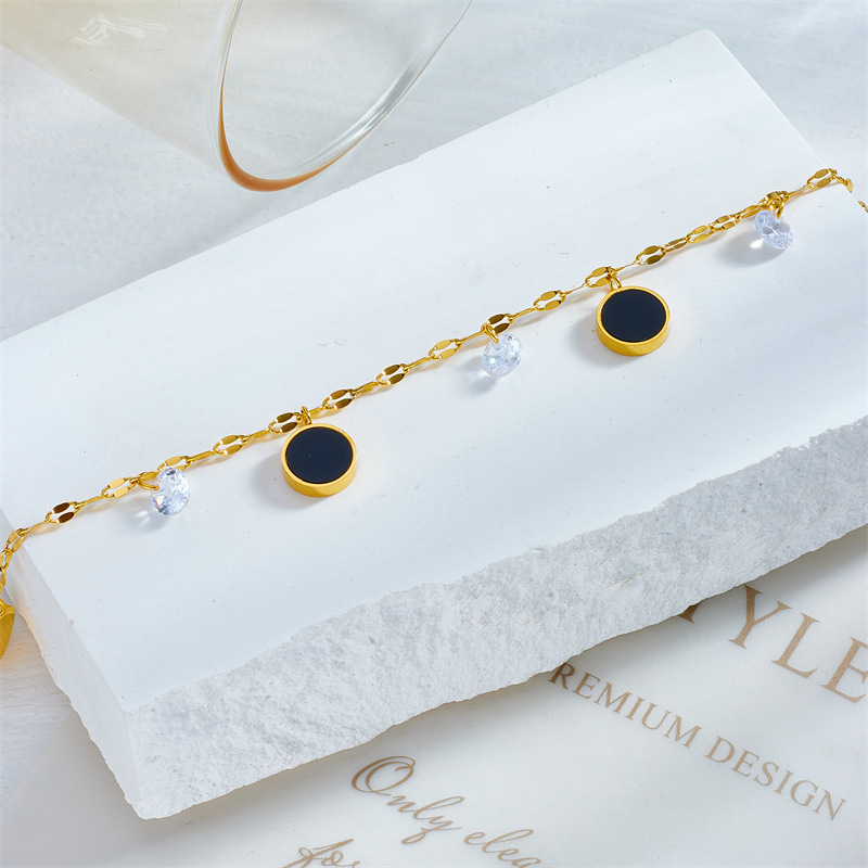 European and American style retro minimalist transparent diamond black round pendant chain titanium steel beach style anklet