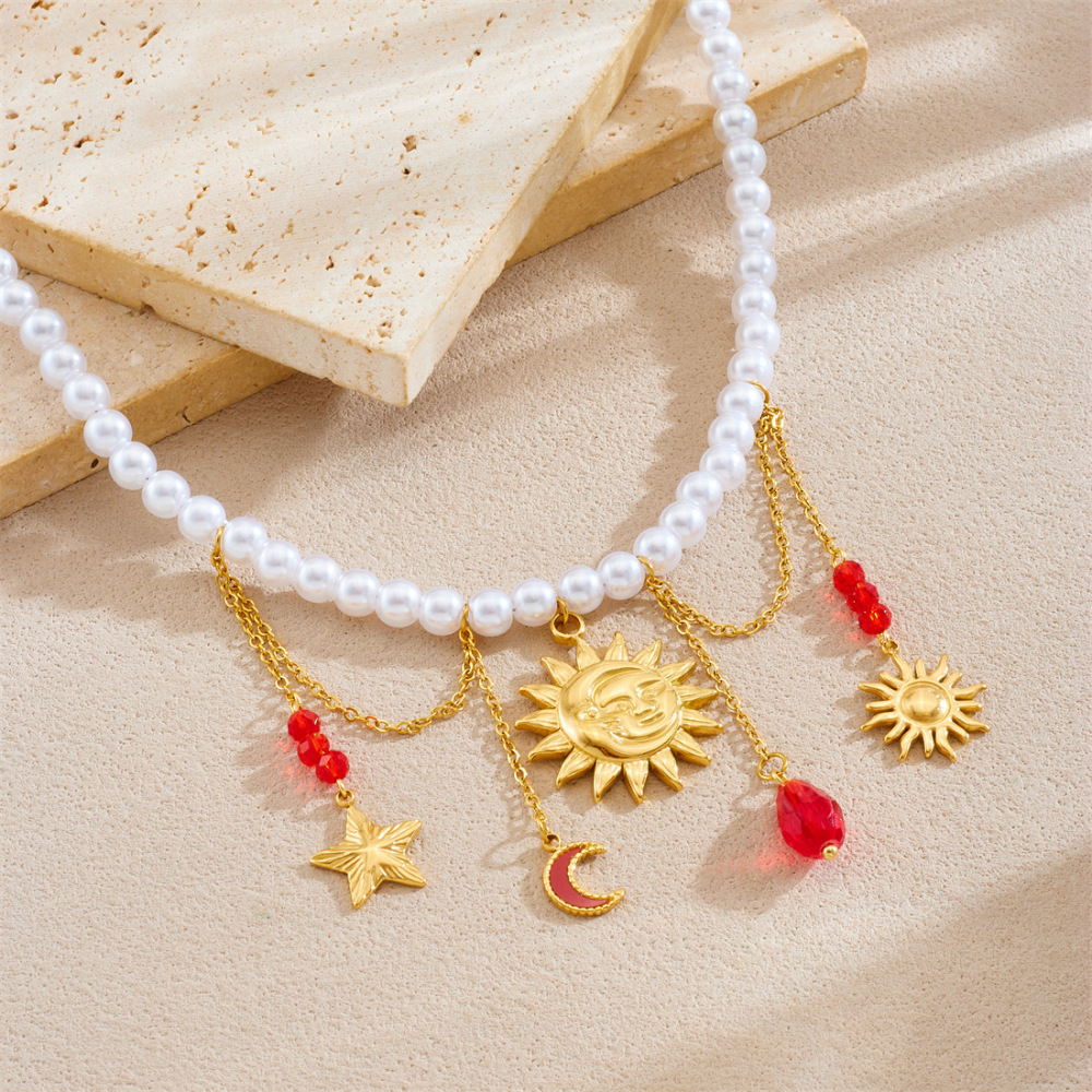 New cross-border fashion stainless steel beaded women's necklace with sunflower pendant and tassel.