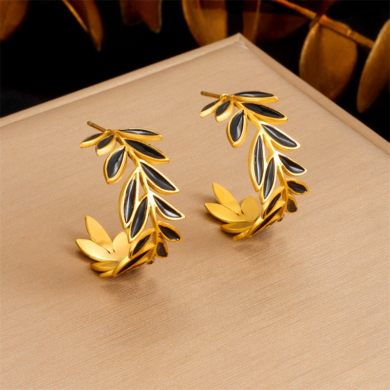European and American style retro stainless steel black leaf gold-plated earrings, rings, necklaces, jewelry set
