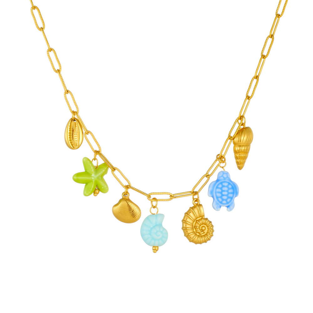 Korean-style fashionable beach vacation style, gold-plated cross chain, seashell pendant, acrylic starfish and turtle necklace.