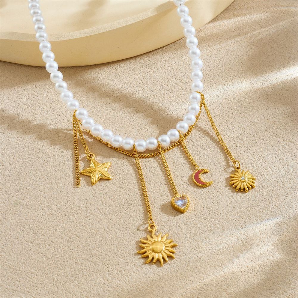 New cross-border fashion stainless steel beaded women's necklace with sunflower pendant and tassel.