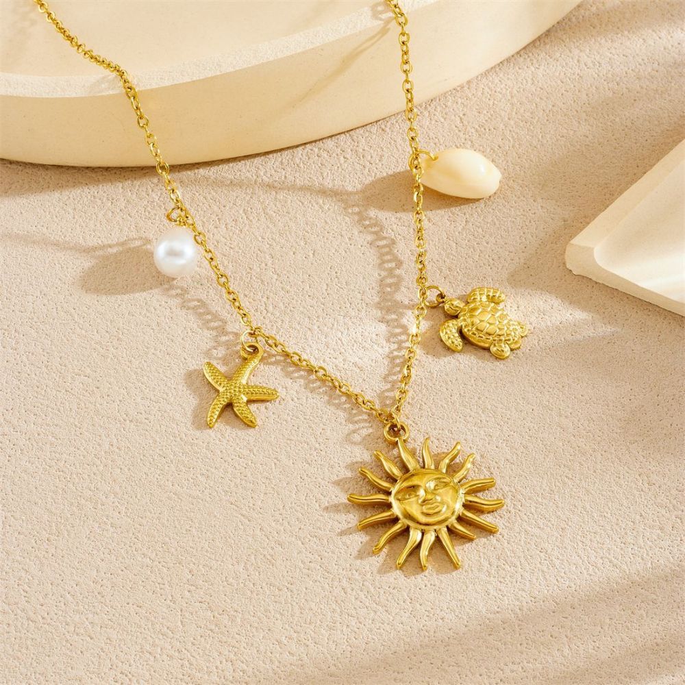Cross-border fashion shell pearl gold-plated turtle starfish face sun pendant chain stainless steel minimalist style necklace
