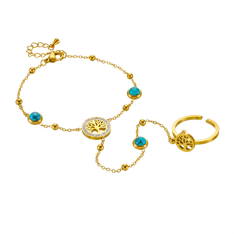 European and American style retro high-end chain gold-plated stainless steel Tree of Life blue turquoise accessories open ring bracelet