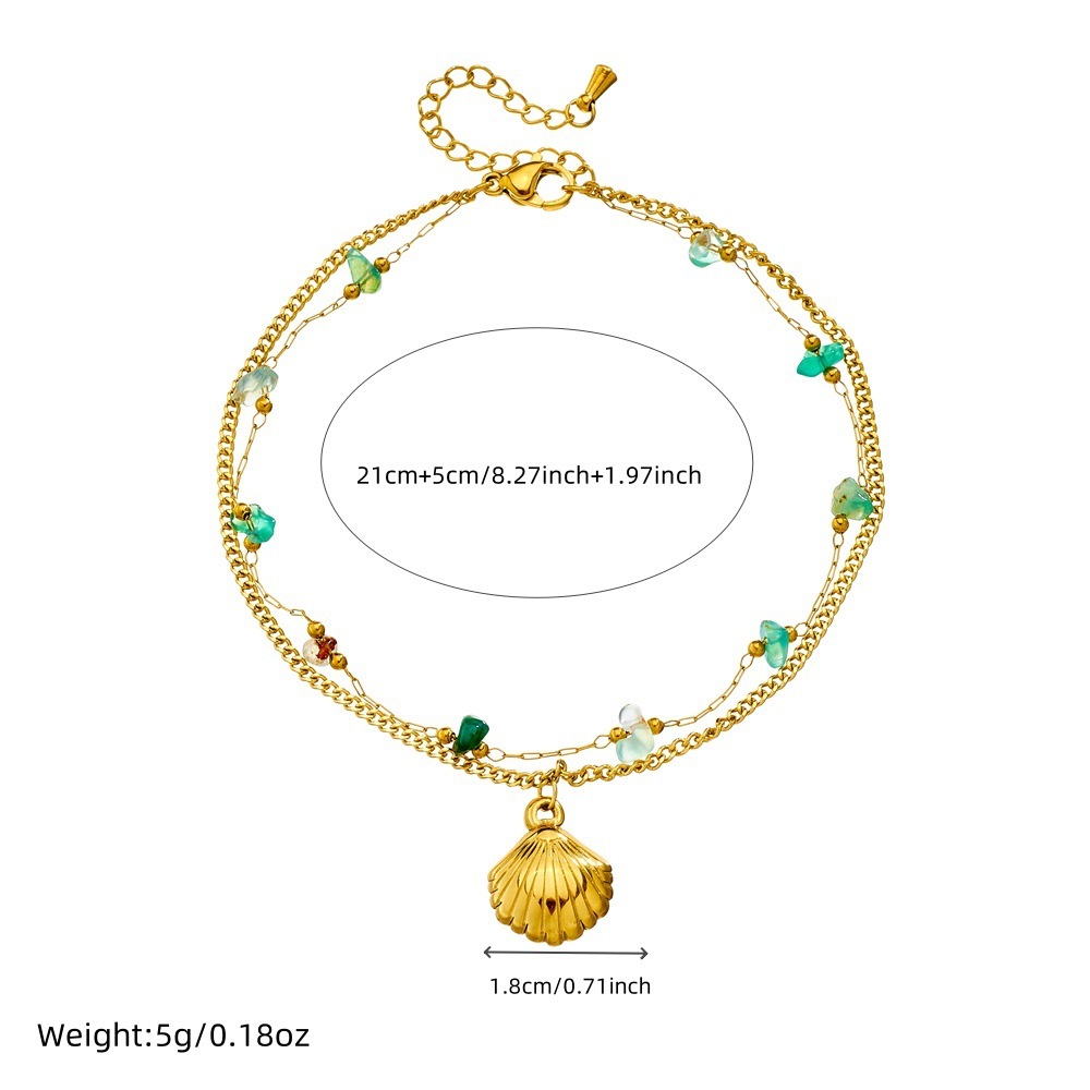 New summer beach style green gradient pebble and seashell accessories double-layered chain stainless steel anklet