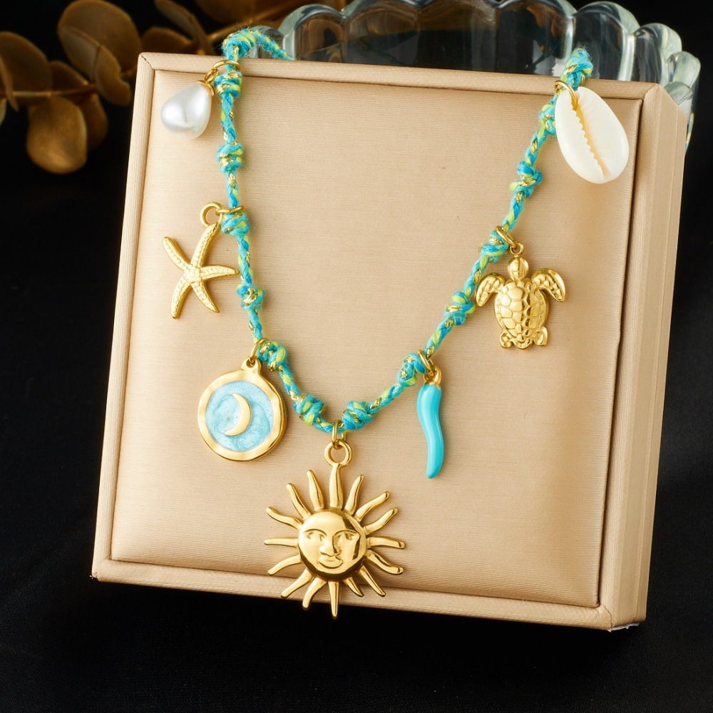 European and American cross-border fashion face sun gold-plated turtle starfish pendant clavicle chain round dripping moon necklace