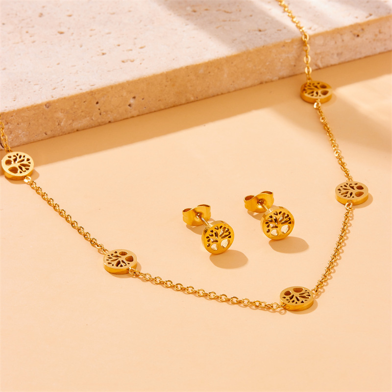 European and American cross-border minimalist versatile hollowed-out round smooth Tree of Life accessory chain necklace earring bracelet set