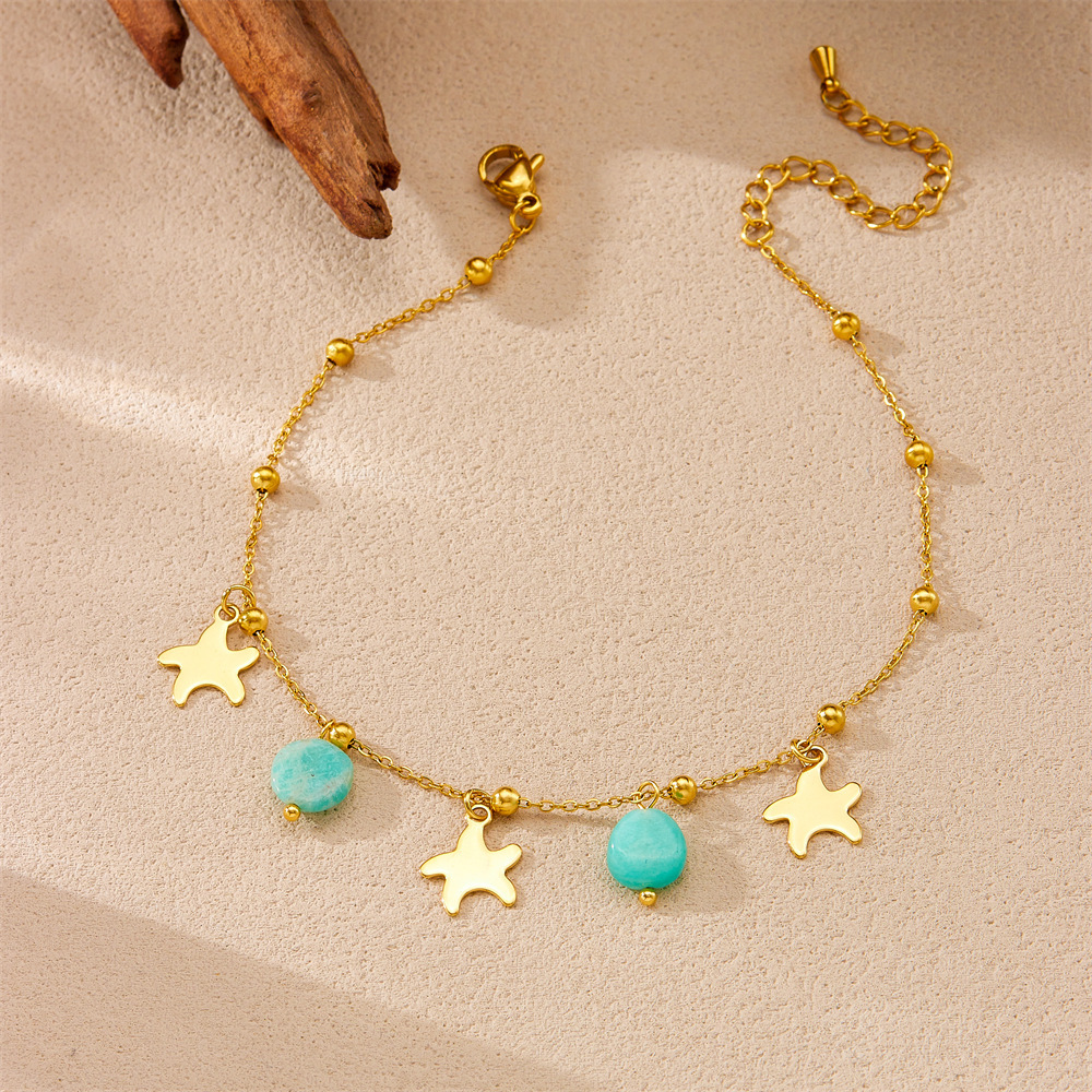 Niche fashion versatile mint green stone pendant, polished starfish, gold-plated stainless steel chain, jewelry anklet.