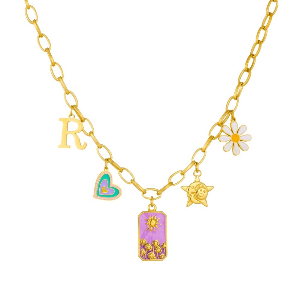 Cross-border fashion trendy drip-colored heart square sun daisy flower pendant stainless steel necklace