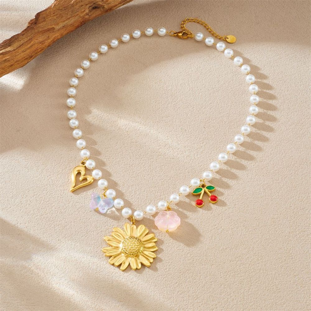 European and American style pearl chain gold-plated cherry fruit pendant heart sunflower flower accessory necklace
