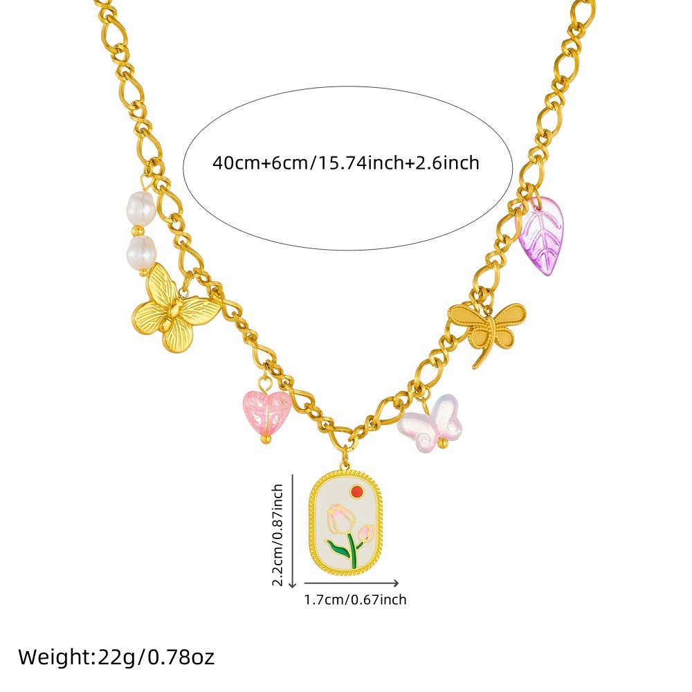 New cross-border printed oil-drop square butterfly dragonfly heart accessory pendant stainless steel chain jewelry necklace