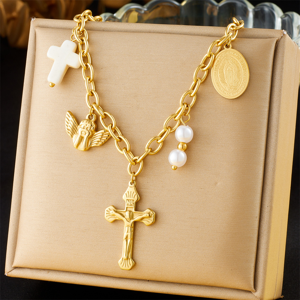 European and American cross-border fashion retro gold-plated angel and Virgin Mary oval cross pearl pendant chain stainless steel necklace