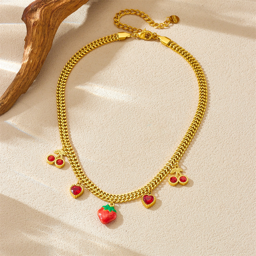 European and American cross-border creative fresh fruit series design three-dimensional strawberry and cherry pendant chain stainless steel necklace