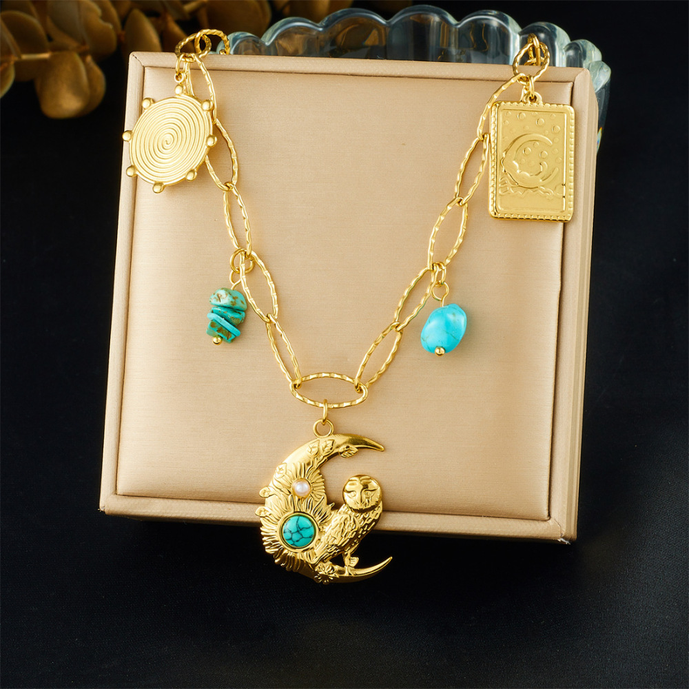 Cross-border fashion gold-plated vintage turquoise inlaid pendant square moon-shaped owl pendant clavicle chain necklace