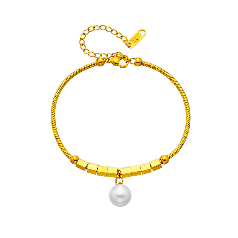 New European and American style, unique and creative titanium steel metal square imitation pearl pendant, spaced beaded chain bracelet