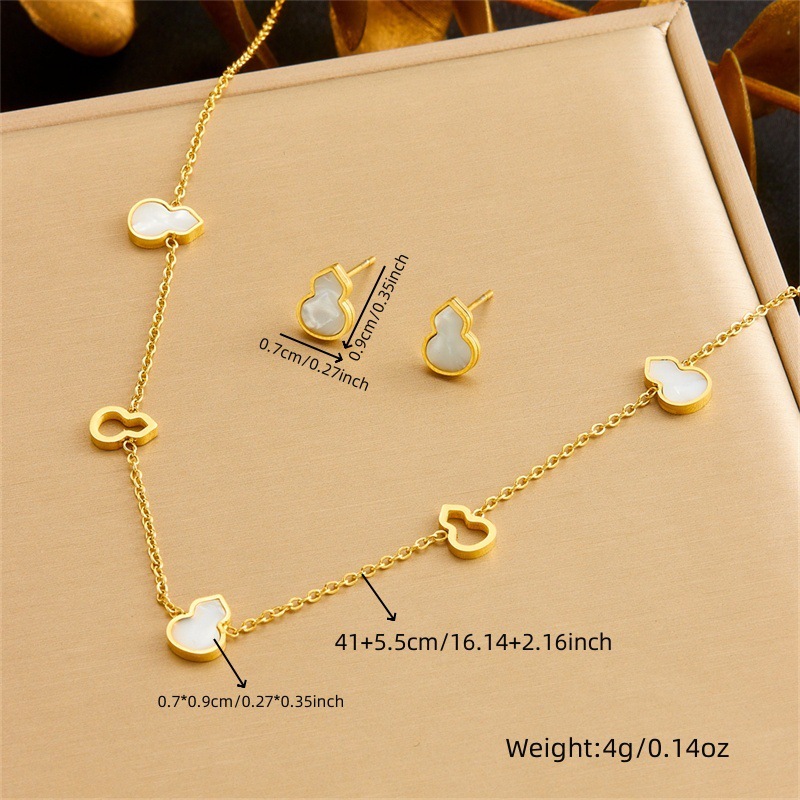Stylish, minimalist, elegant hollowed-out white mother-of-pearl gold-plated stainless steel gourd accessories chain, new Chinese style bracelet, earrings, necklace