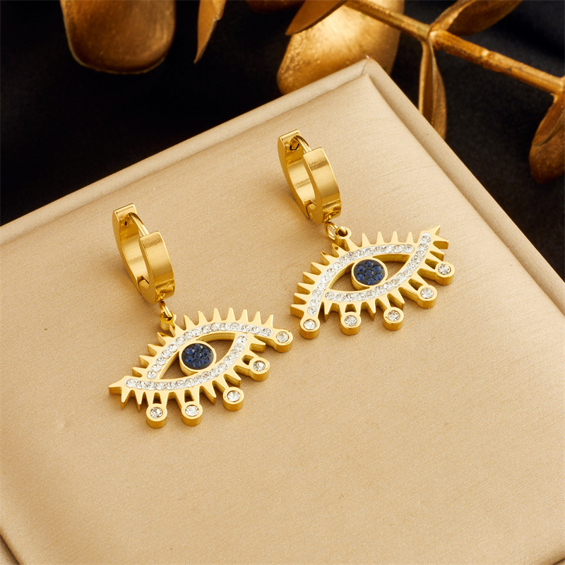 Cross-border fashion personalized blue diamond-encrusted gold-plated openwork stainless steel eye accessories jewelry earrings