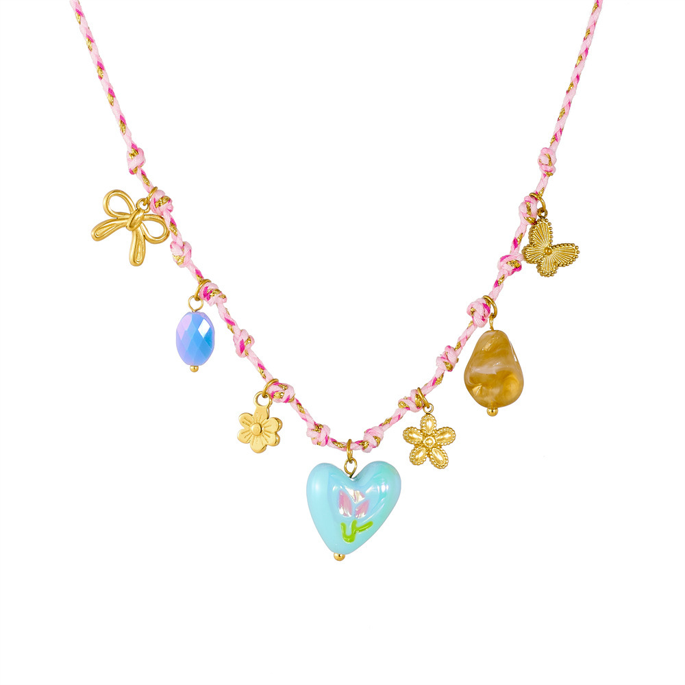 Korean style new creative fashion color-blocked woven rope knotted stainless steel flower sun heart drip print necklace