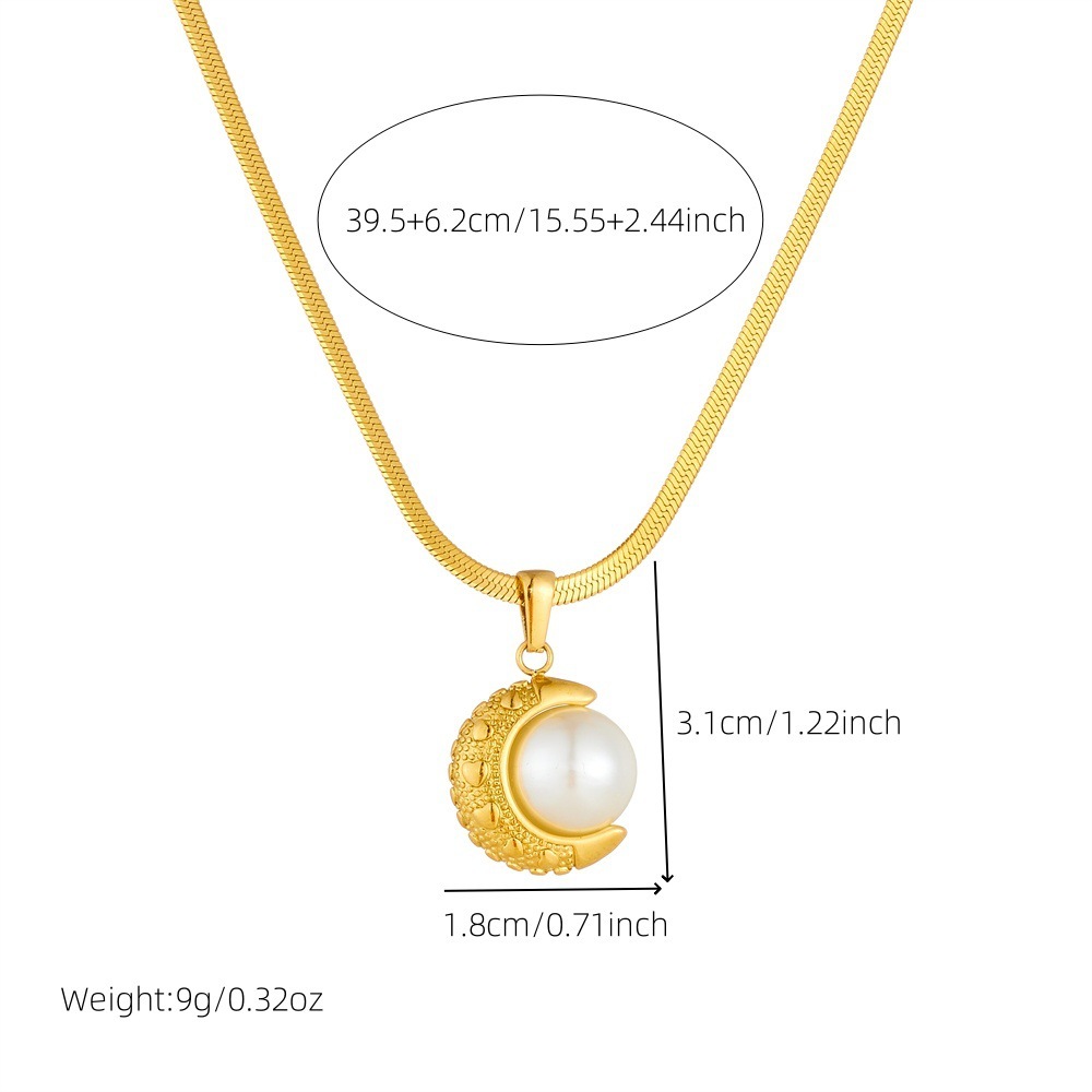 Cross-border fashion, elegant retro gold-plated moon pearl pendant blade chain stainless steel women's versatile necklace