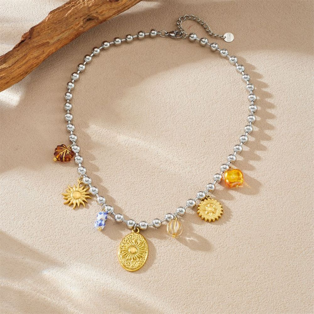 European and American minimalist style multi-element accessories oval relief sunflower pendant stainless steel beaded necklace
