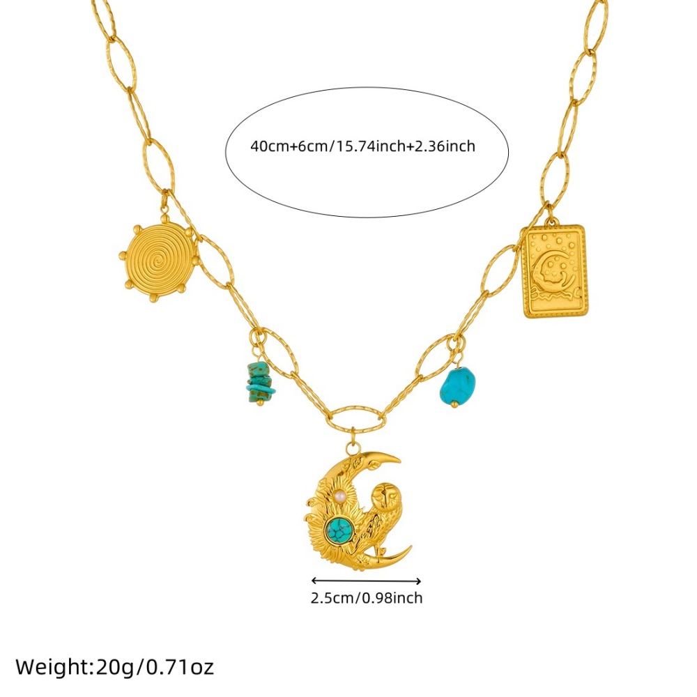 Cross-border fashion gold-plated vintage turquoise inlaid pendant square moon-shaped owl pendant clavicle chain necklace
