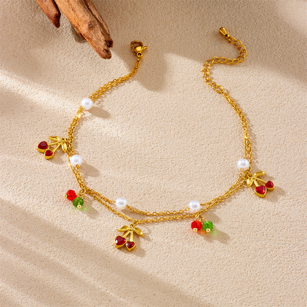 Korean style cute cherry pendant, fashionable stainless steel, double-layer chain, versatile everyday anklet.