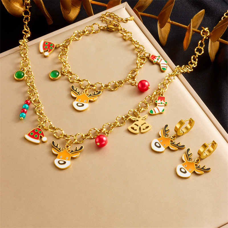 Cross-border fashion cartoon dripping reindeer sock pendant stainless steel chain bracelet earring necklace jewelry set