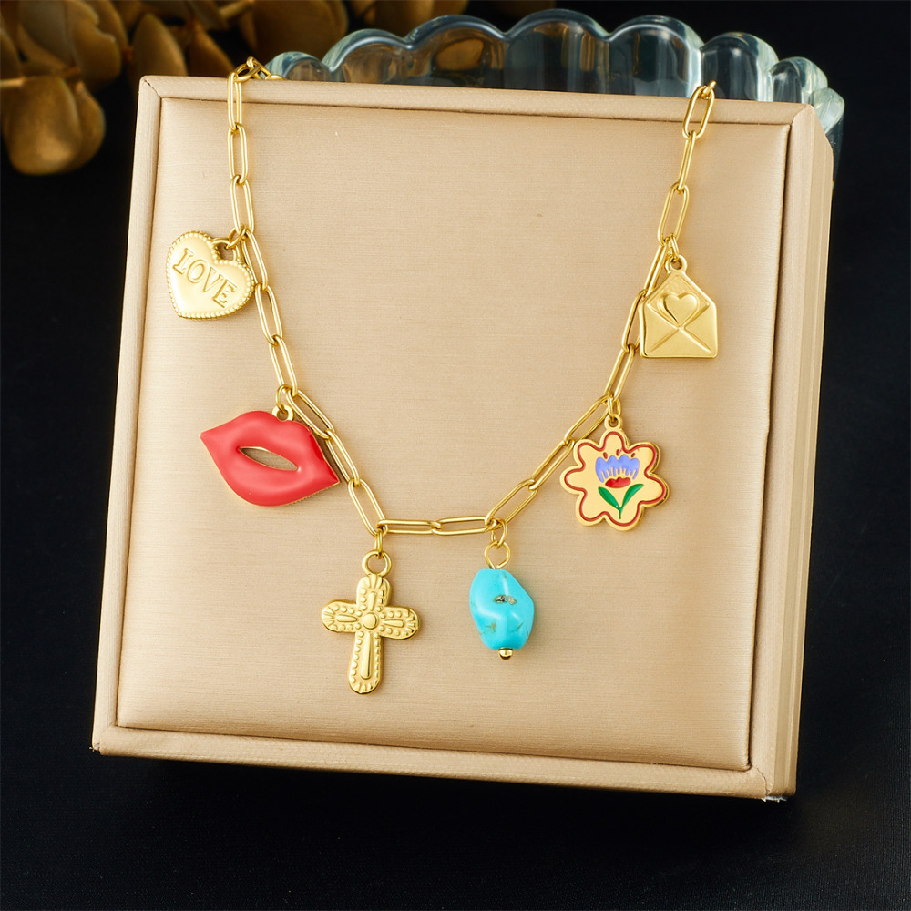 Korean style, fashionable and fresh, multi-element gold-plated drip flower, lip, cross, turquoise pendant necklace