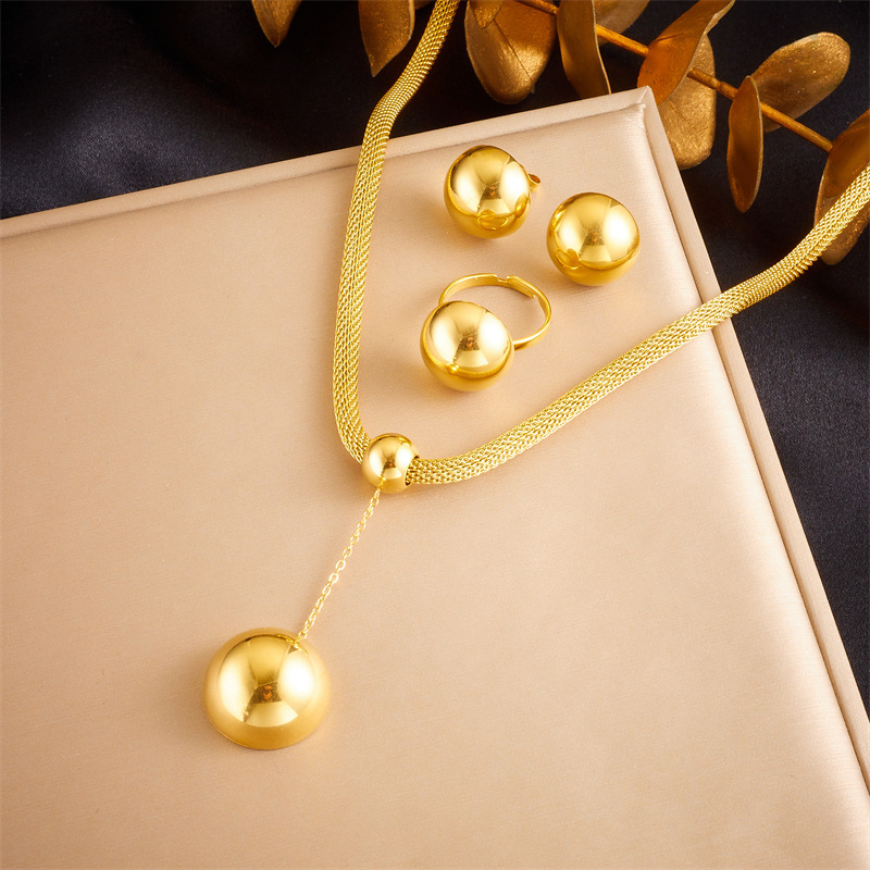 Cross-border fashion, retro minimalist style, glossy gold-plated stainless steel half-round earrings, rings, and necklace set