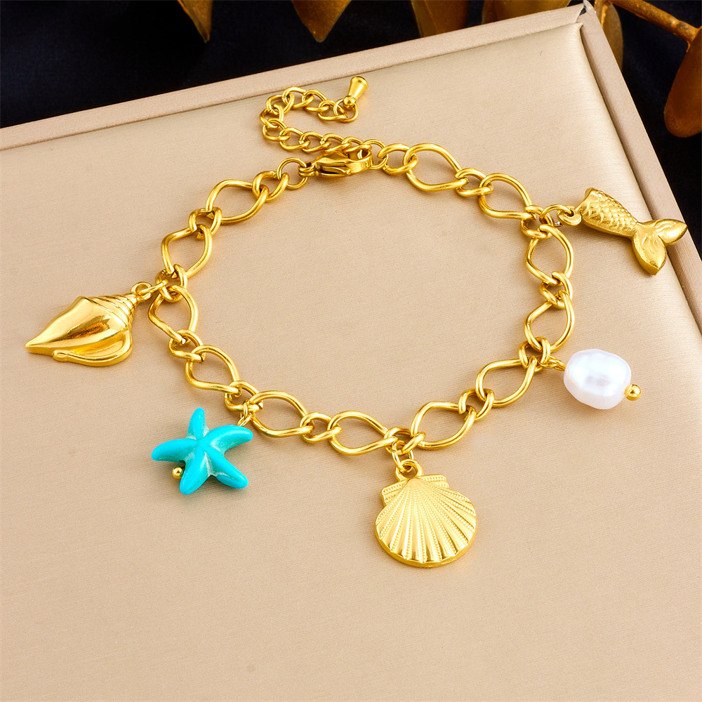 European and American style stainless steel pearl personalized ocean series seashell starfish pendant versatile 18K gold plated bracelet