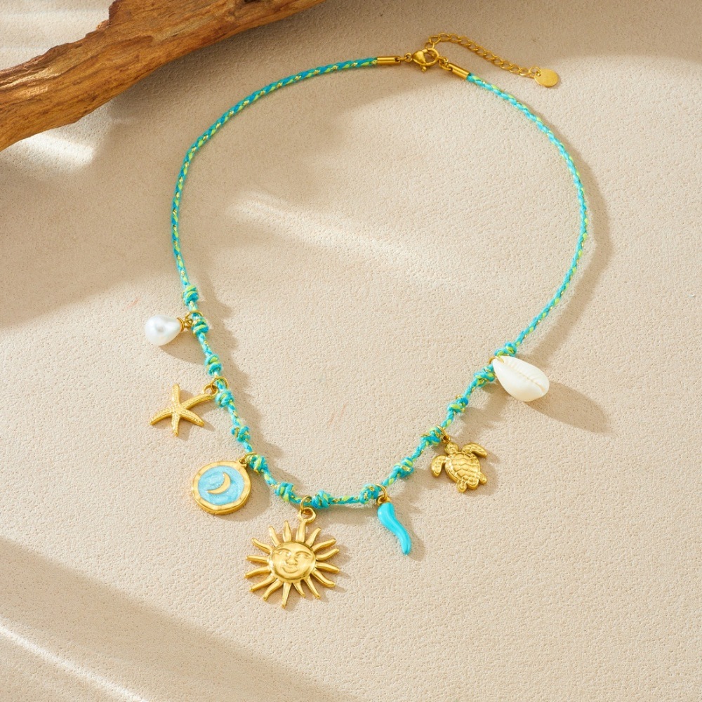 European and American cross-border fashion face sun gold-plated turtle starfish pendant clavicle chain round dripping moon necklace