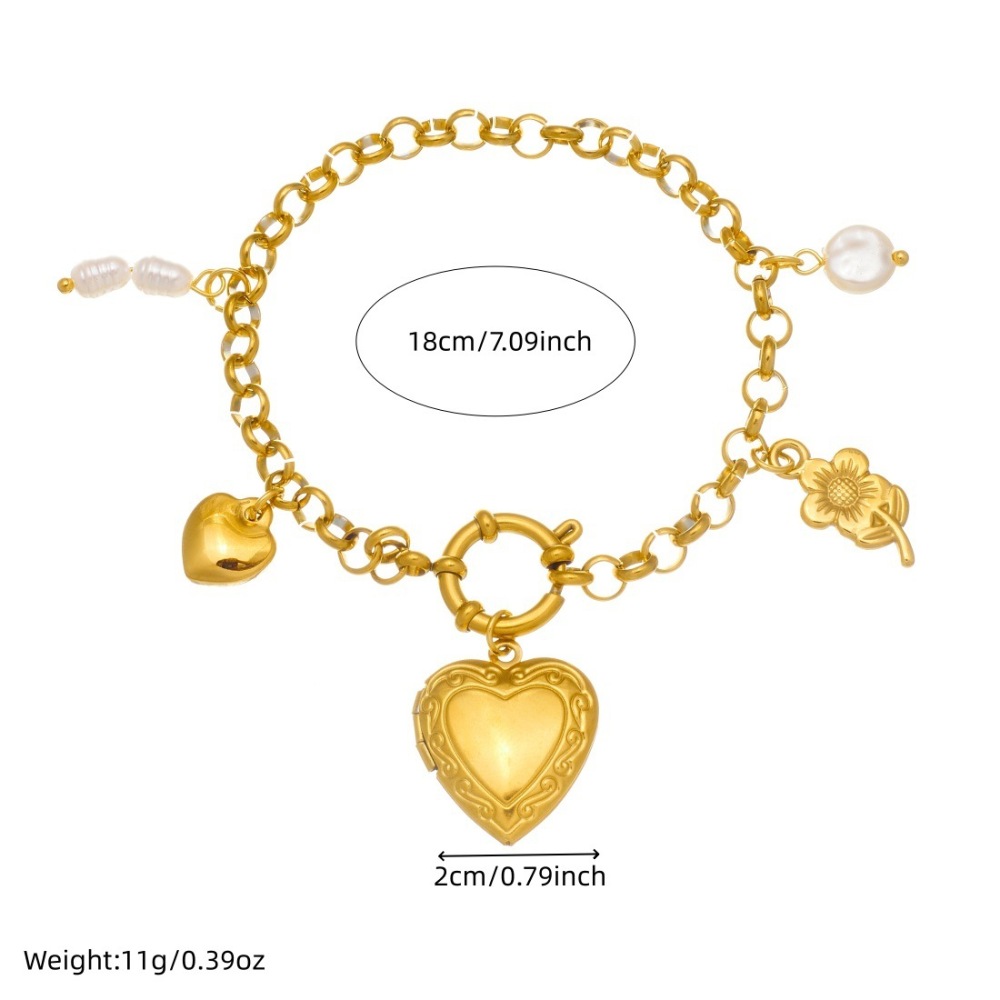European and American style gold-plated carved smooth heart pendant small flower accessories chain pearl round spring buckle bracelet