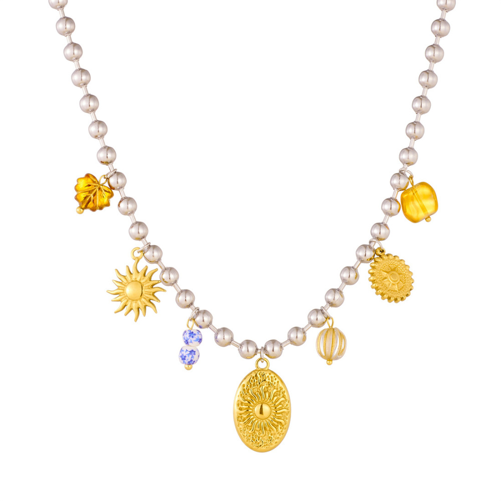 European and American minimalist style multi-element accessories oval relief sunflower pendant stainless steel beaded necklace