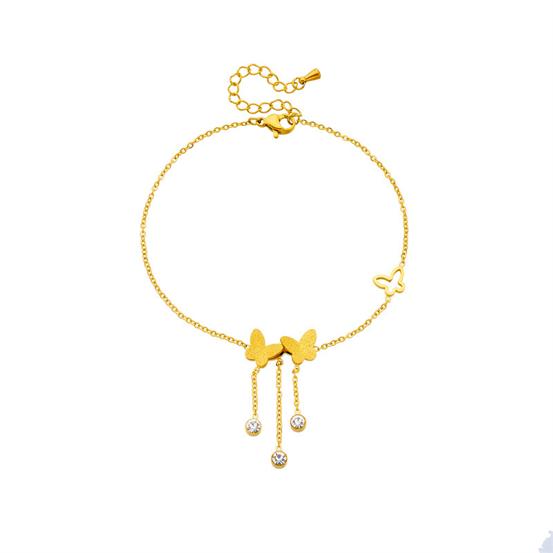 Cross-border fashion niche minimalist 3D glitter butterfly chain tassel accessories gold-plated stainless steel round diamond anklet