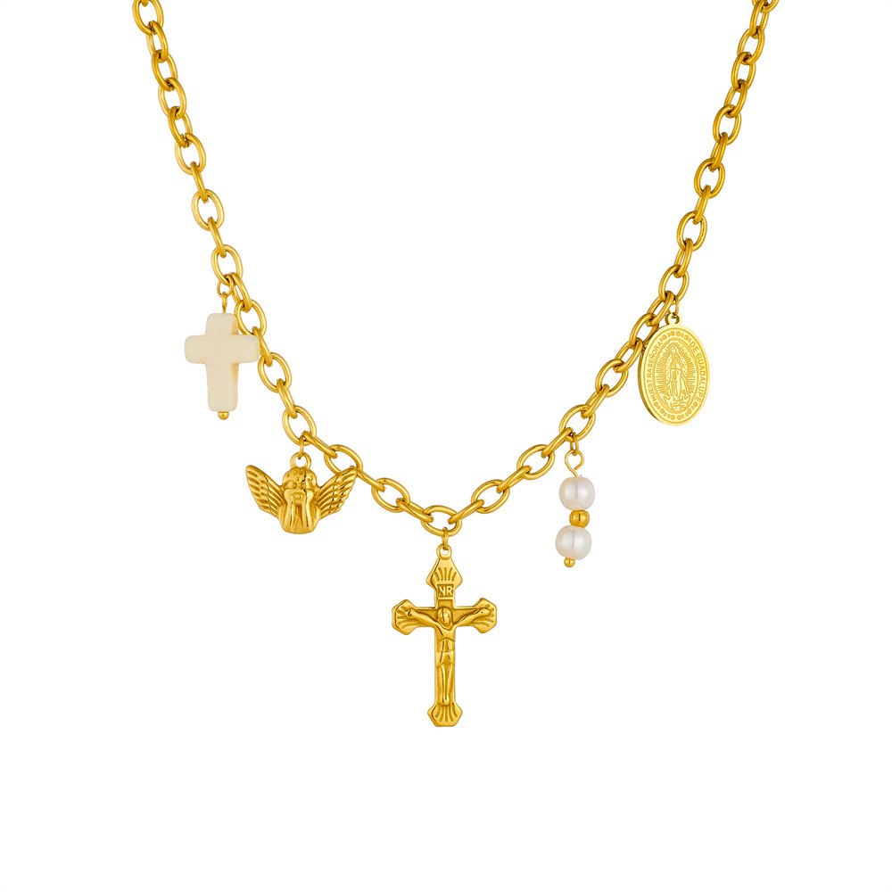 European and American cross-border fashion retro gold-plated angel and Virgin Mary oval cross pearl pendant chain stainless steel necklace