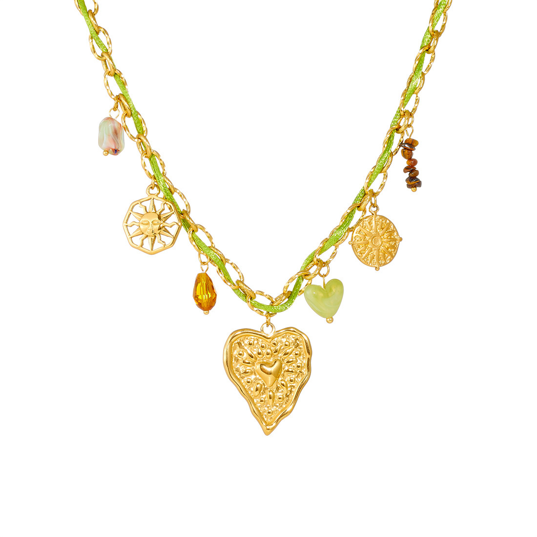 Cross-border popular colorful pendant braided rope metal chain gold-plated irregular heart accessory pastoral style necklace