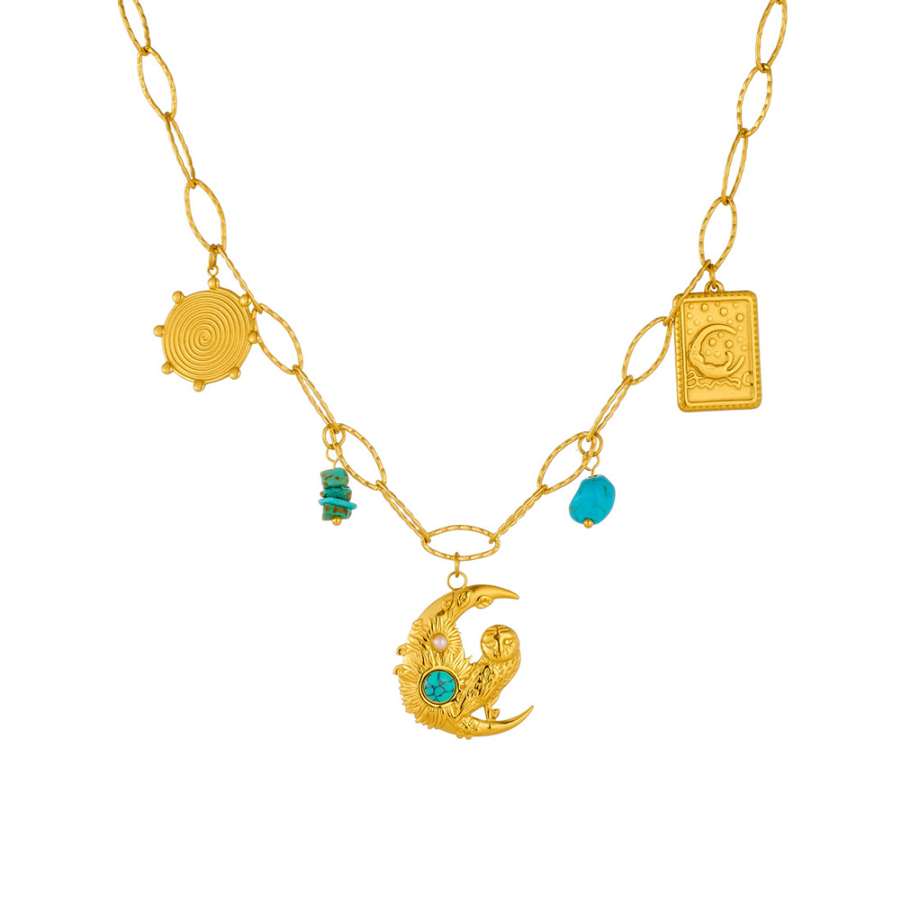 Cross-border fashion gold-plated vintage turquoise inlaid pendant square moon-shaped owl pendant clavicle chain necklace