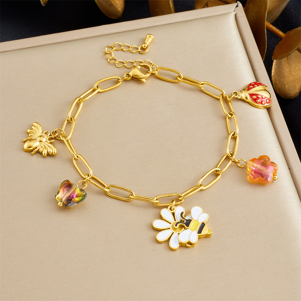 New cross-border fashion cartoon pastoral style dripping flower bee ladybug pendant accessory stainless steel jewelry set