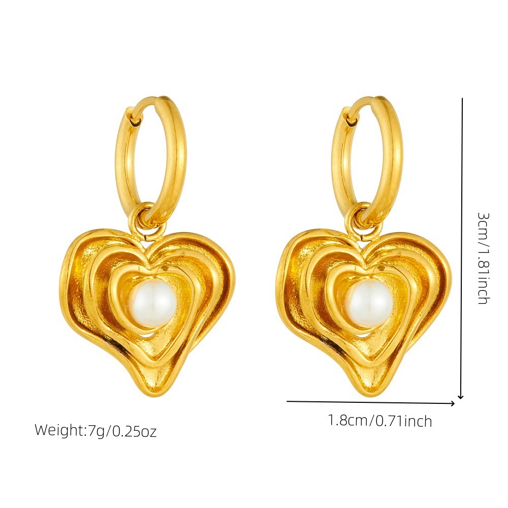 European and American style high-end retro-style gold-plated irregular multi-layered heart pearl pendant stainless steel women's earrings