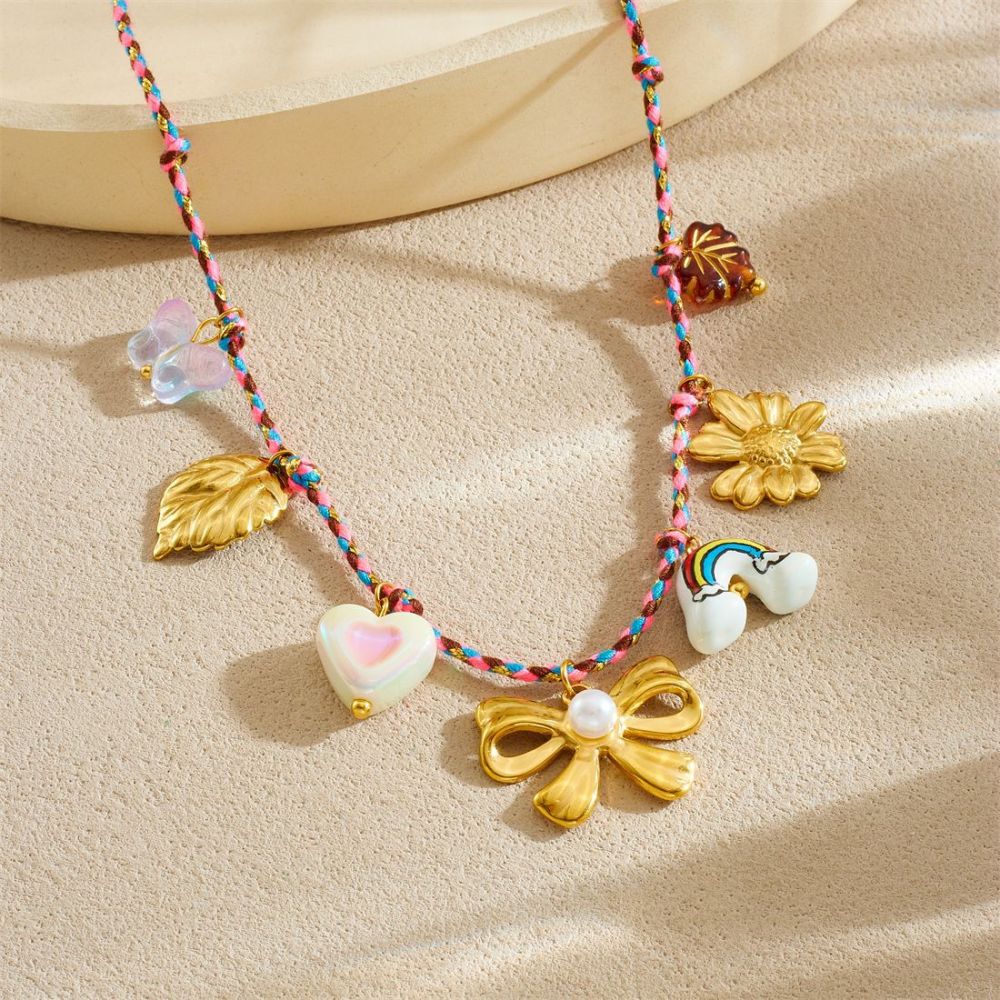 DIY stainless steel pendant necklace with colorful rope from Europe and America, creative and unique ceramic rainbow bow choker.