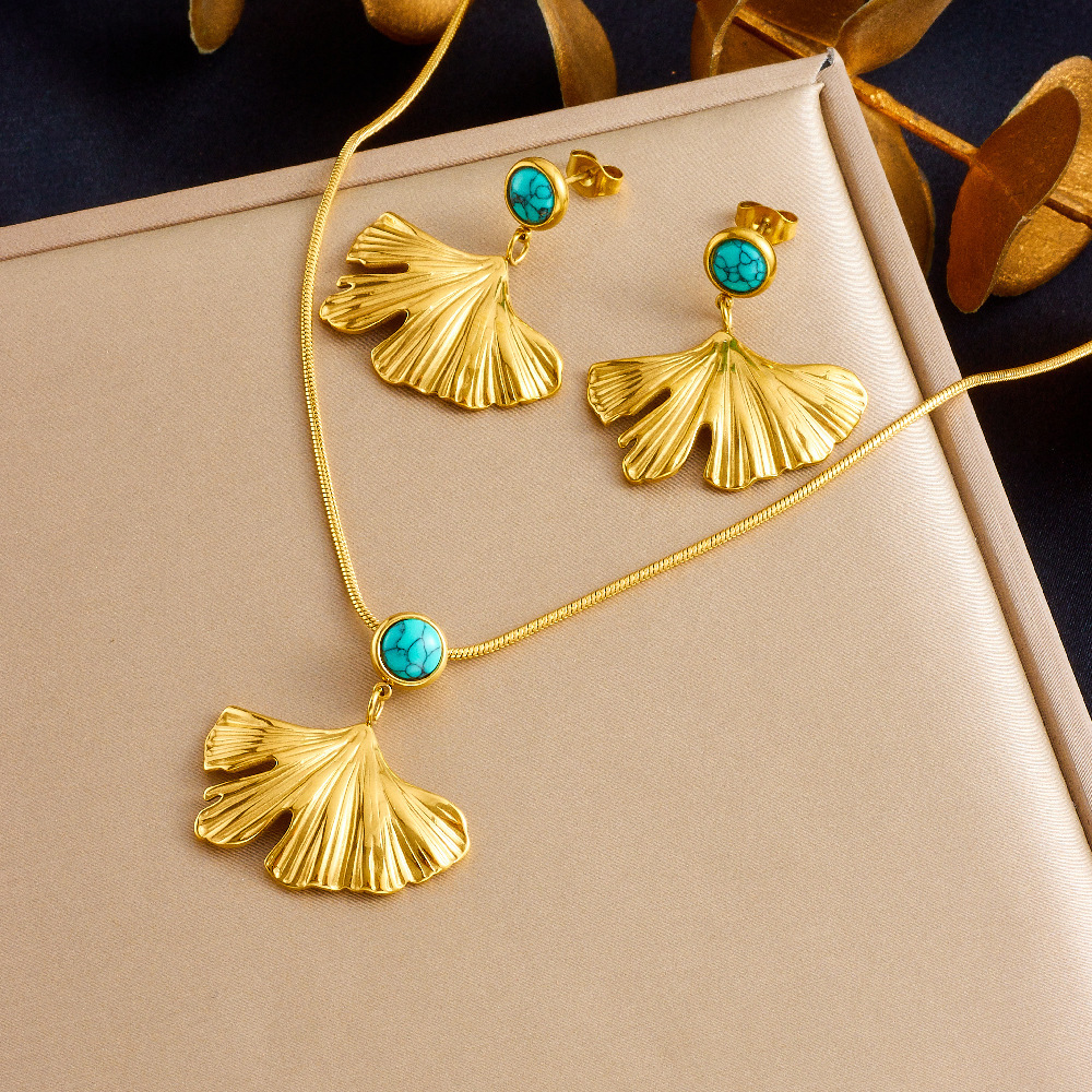 New Chinese style retro fashion versatile ginkgo blue turquoise square and circle concave and convex pendant earring necklace set