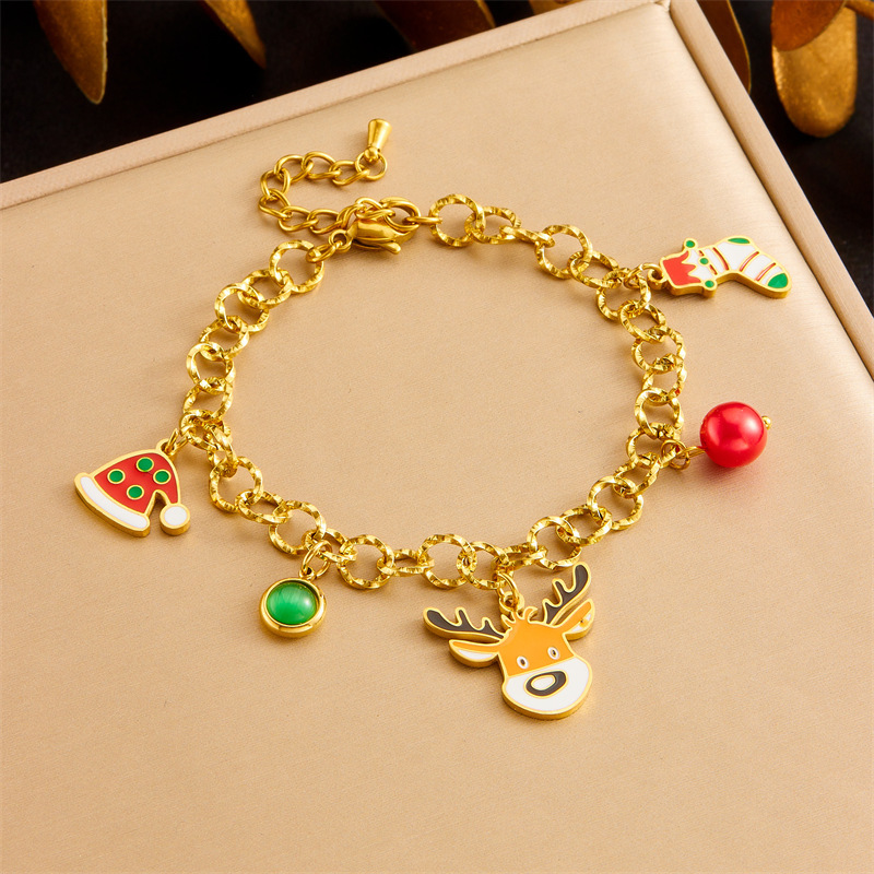 Cross-border fashion cartoon dripping reindeer sock pendant stainless steel chain bracelet earring necklace jewelry set