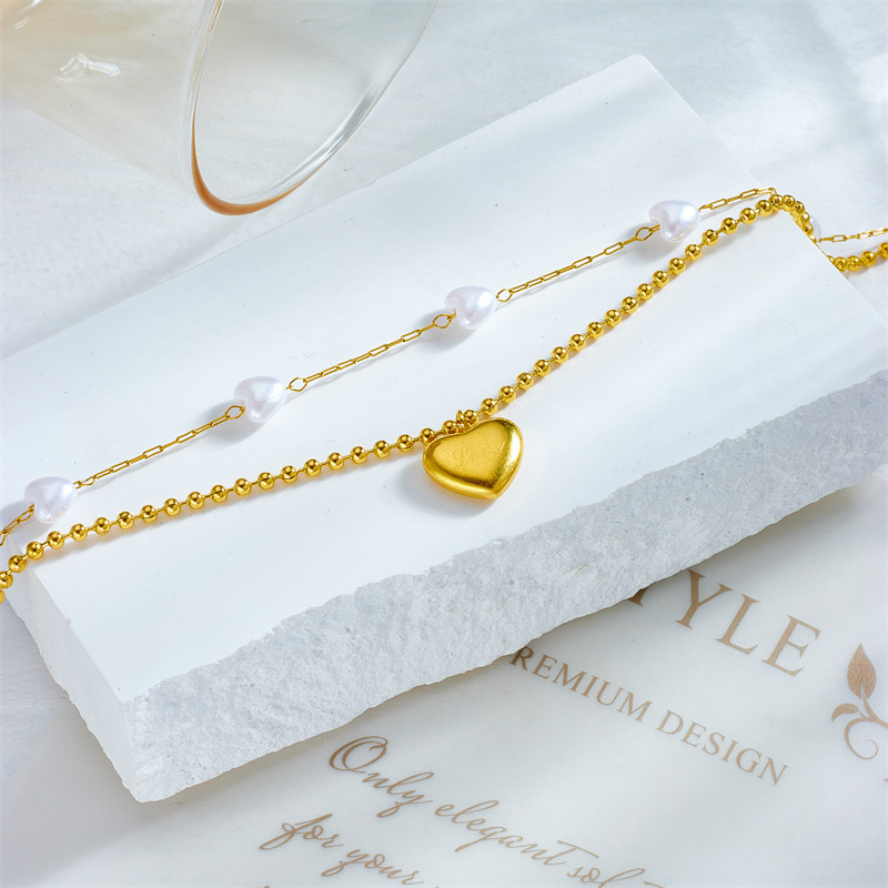 European and American style retro double-layer pearl chain with polished pearl heart pendant, simple beach style, versatile anklet