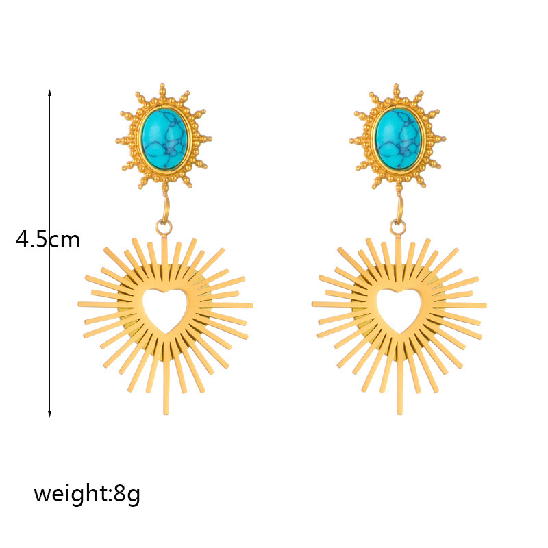 European and American style vintage turquoise retro sun heart irregular earrings geometric oval titanium steel earrings