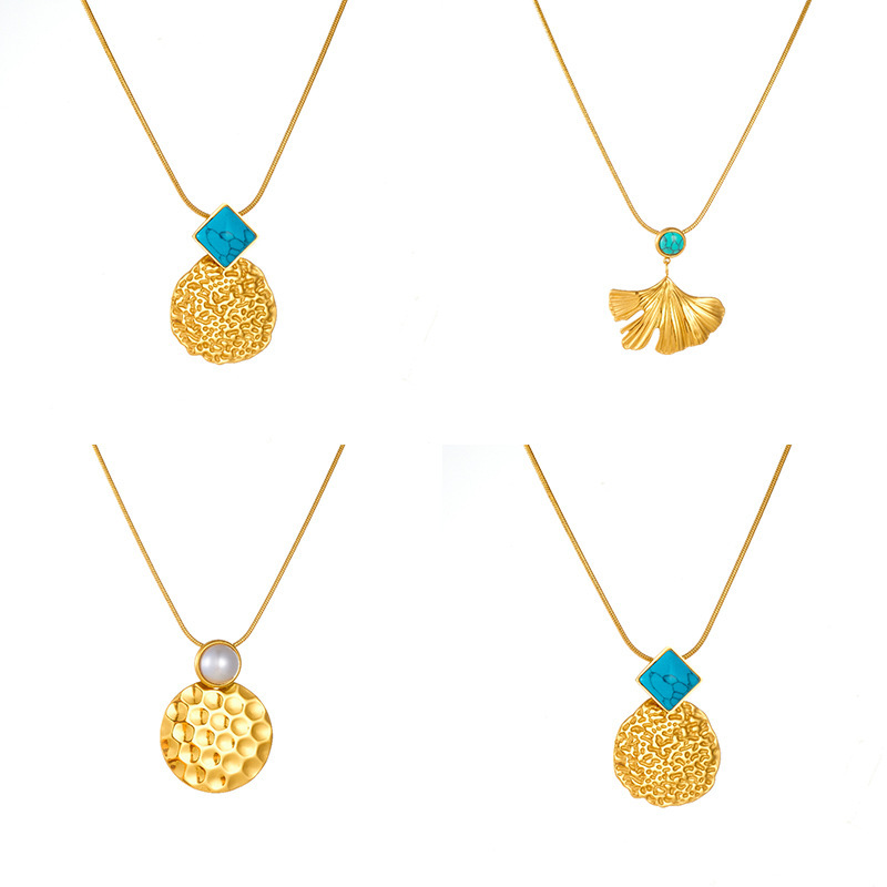 New Chinese style retro fashion versatile ginkgo blue turquoise square and circle concave and convex pendant earring necklace set