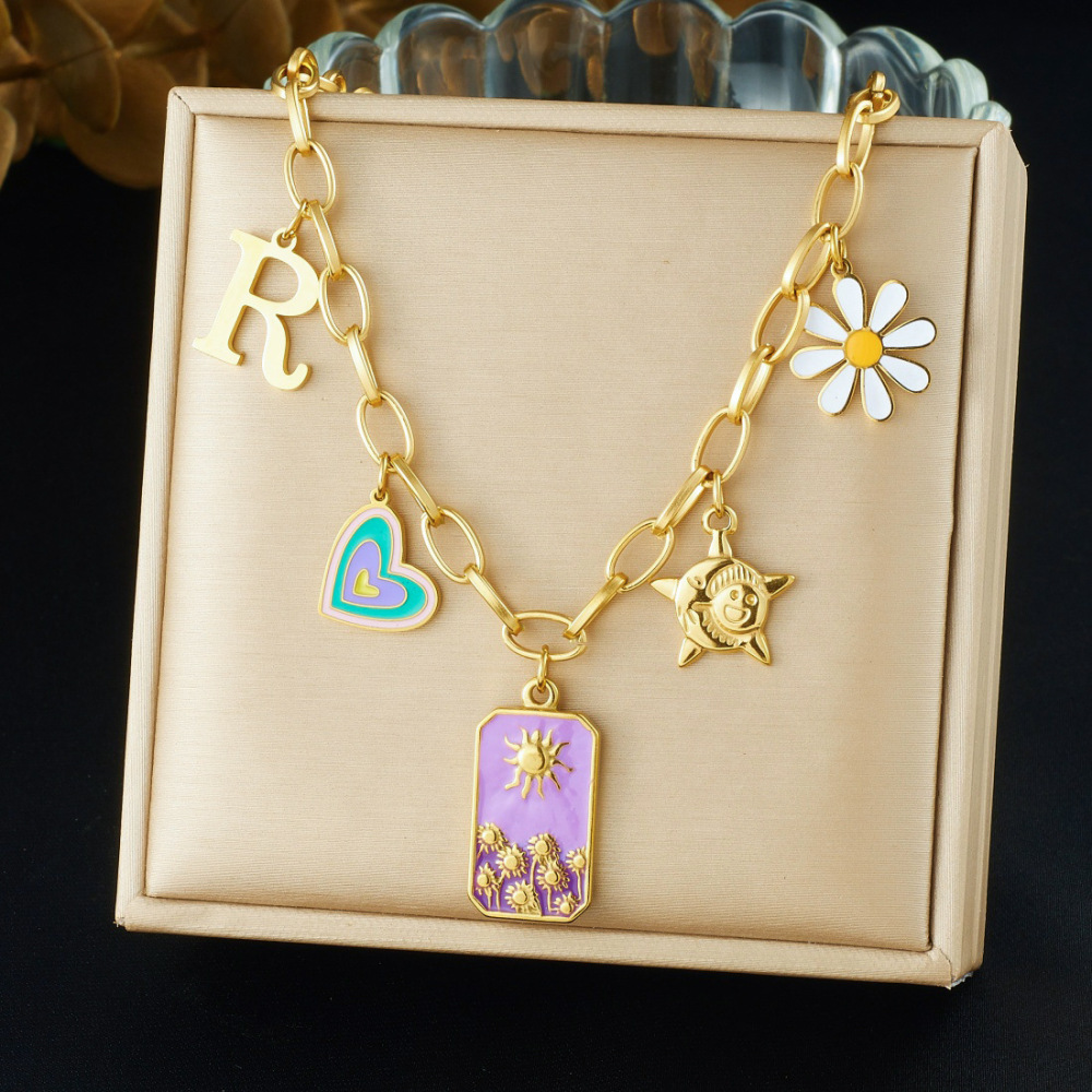 Cross-border fashion trendy drip-colored heart square sun daisy flower pendant stainless steel necklace