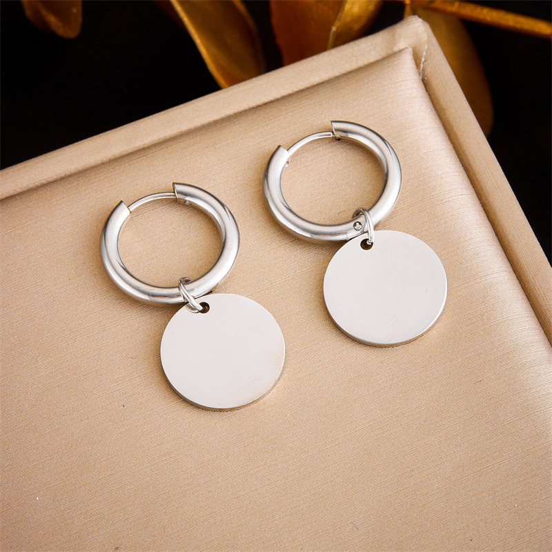 European and American style niche personalized glossy gold-plated stainless steel round geometric pendant earrings