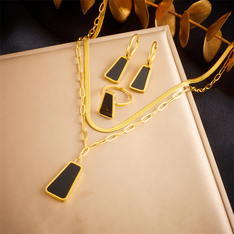 Cross-border European and American minimalist retro black quadrilateral pendant multi-chain necklace ring earring set